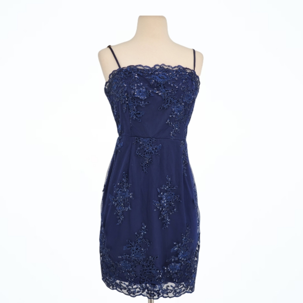 Lulus Navy Sequin Lace Appliqué Sleeveless Sheath Party Evening Dress Medium